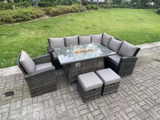 Fimous High Back Rattan Garden Furniture Sets Gas Fire Pit Dining Table Gas Heater Set Corner Sofa 9 Seater in Dark Grey