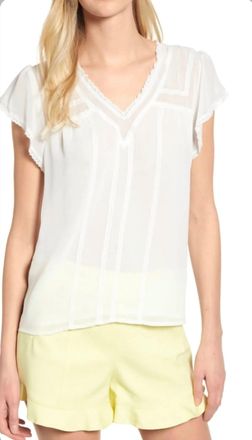 1.State Short Sleeve V-Neck Blouse W/ Lace Trim Blouse In Ecru