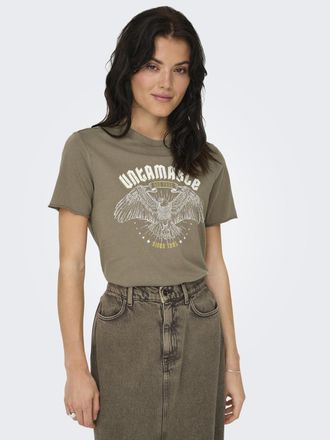 Only Rundhalsshirt ONLY ONLLUCY REG S/S TOP JRS NOOS, Damen, Gr. XS, braun (walnut print:untamable), Single Jersey, Obermaterial: 100% Baumwolle, bedruckt,