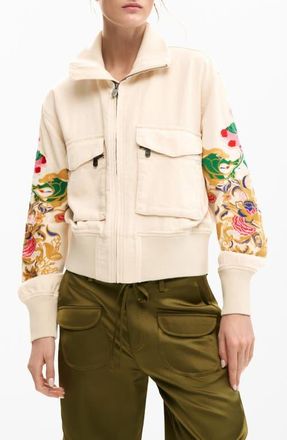 Desigual Embroidered Sleeve Detail Jacket in Light Beige at Nordstrom, Size X-Small