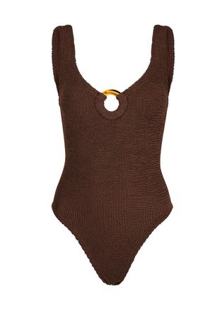 Hunza G Celine Cut-out Seersucker Swimsuit, Chocolate, One Size, V-neck, Cut-out Ring Detail, Machine Wash, Hunza G Brown Swimsuit