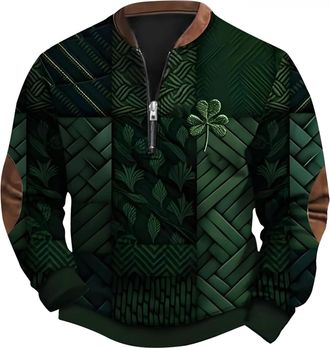 Generic Mens St. PatrickS Day Sweatshirt Uk St Patricks Day Knit Print Sweatshirt Men Retro Green Irish Jumper Clover Shamrock Printed Pullover Zip Up Blouse 