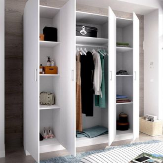 Dmora Armario Danna, Perchero Para Dormitorio, Armario Con 4 Puertas Batientes, 200x52h215 Cm, Blanco - Dmora