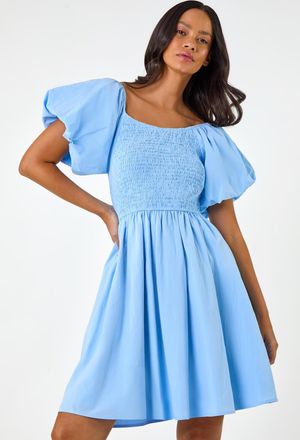 DUSK Puff Sleeve Shirred Dress