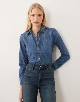 Polo Ralph Lauren Camicia a maniche lunghe con bottoni lavaggio blu medio