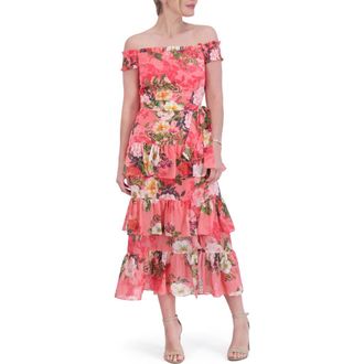 Eliza J Floral Off the Shoulder Tiered Midi Dress in Coral at Nordstrom Rack, Size 10