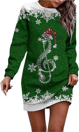 Generic Christmas Dresses for Women Oversized Christmas Dress Long Sleeve Jumper Crew Neck Xmas Graphic Print Sweatshirt Winter Casual Midi Dress Party Costum