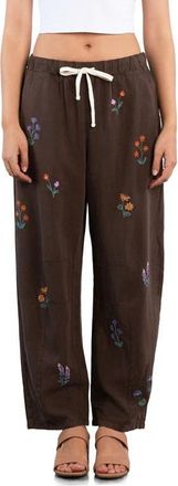 BILLY T Floral Embroidered Barrel Leg Pants in Chocolate Brown at Nordstrom, Size X-Large