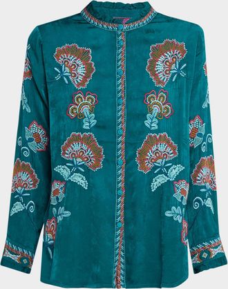 Johnny Was Simone Floral-Embroidered Cupro Blouse