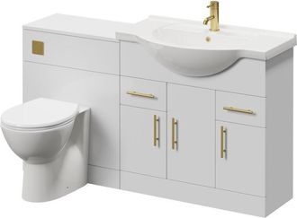 Alexander James Alexander James Cento Gloss White 1450mm 3 Door Vanity Unit Toilet Suite - 1450mm - Brushed Brass 96mm Knurled Bar HandleJames Toilet Pan and Seat
