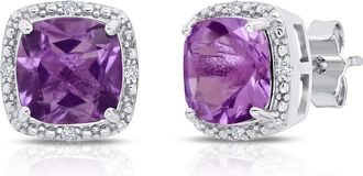 MAX + STONE 925 Sterling Silver 7mm Gemstone and Diamond Accent Halo Cushion Stud Earrings