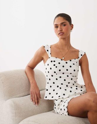 Nobody's Child Sonning - Top con scollo a cuore in misto lino e cotone bianco e nero a pois in coordinato