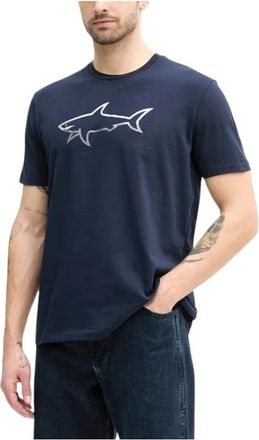 Paul & Shark T-shirt van katoenen jersey met reflecterende haaienprint - Heren - T-shirts - Blauw - M - Katoen - Tops