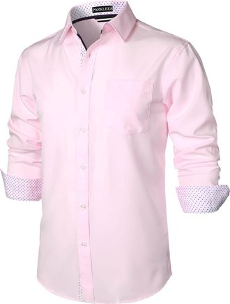 PARKLEES Mens Hipster Urban Design Regular Fit Long Sleeve Casual Business Button Up Dress Shirts with Pocket Pink XXL