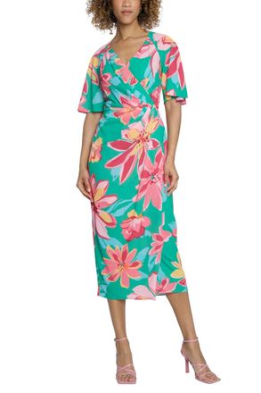 Maggy London Floral Flutter Sleeve Faux-Wrap Dress In Green Coral