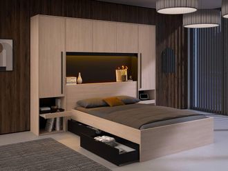 Vente-Unique Overbed Unit With Storage & Leds - L 265 Cm - Natural & Black in Light Oak | Size: Double