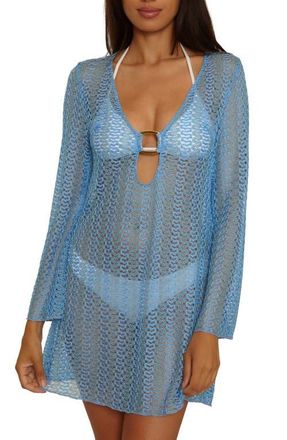 BECCA by Rebecca Virtue Metallic Long Sleeve Sheer Cover-Up Dress in Sky Blue at Nordstrom, Size Medium