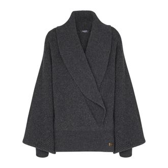 Balmain V-neck Knitwear, female, Gray, Size: S Oversized wrap knit jumper