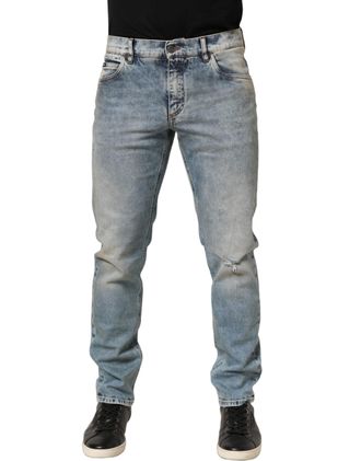 Dolce & Gabbana Blue Washed Mid Waist Straight Men Denim Jeans Cotton Elastane Clothing