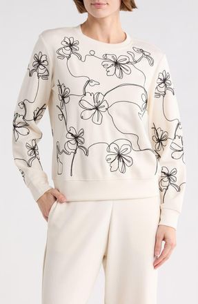 T Tahari Embroidered Scuba Sweatshirt in Ecru/Black at Nordstrom Rack, Size X-Small