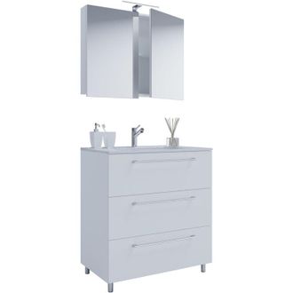 ebuy24 Ebuy24 - Vcm 3 Piezas Lavabo Lavabo Inferior Gabinete Ancho 60 Cm Muebles De Ba&ntilde;o Conjunto De Pie Con Tres Cajones Espejo Gabinete Badinos (blanco)
