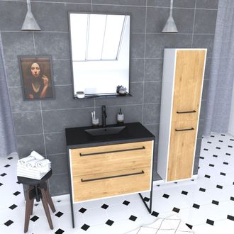 Aurlane Pack Ba&ntilde;o 80 Roble + Lavabo Negro + Espejo Led + Columna De Almacenamiento