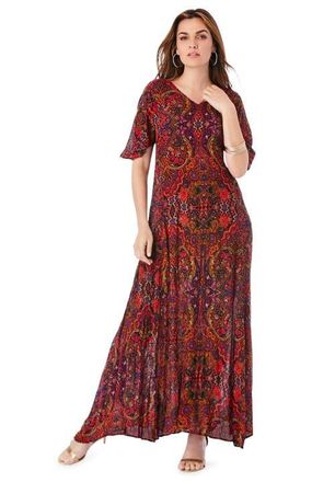 Roaman's Plus Size Hand Crinkled Flutter-Sleeve Maxi Dress in Multi Mirrored Medallion at Nordstrom, Size 16P