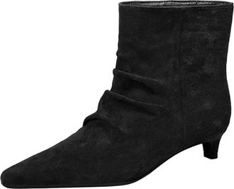 Generic High Heels Boots for Women 3CM Winter Shoes Pointed Toe Faux Suede Pleated Retro Comfort Work Office Ankle Boot (Black,2.5)