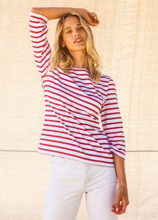 Saint James GALATHEE II - &frac34; Sleeve Breton Striped Top in White/red at Nordstrom, Size 10