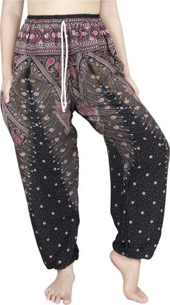 Lofbaz Womens Peacock 1 Drawstring Harem Boho Pants Black & Red 3XL