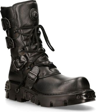New Rock Black Leather Mid-Calf Boots-391-S18