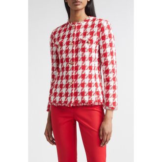 St. John Lora Textured Gingham Tweed Jacket in Scarlet/Bright White at Nordstrom, Size 14