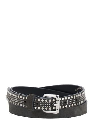 Tela Grey Belt With Stud Embellishments And Square Buckle In Suede Woman