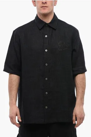Off-white Mens Short-sleeved 90SLOGO Linen Shirt in Blue - Size Medium
