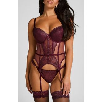 Hunkem&ouml;ller Hollie Embroidered Underwire Bustier with Garter Straps in Fig at Nordstrom, Size 34D