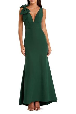Mac Duggal Petite Sleeveless V Neck Bow Detail Mermaid Gown in Emerald at Nordstrom, Size 14P