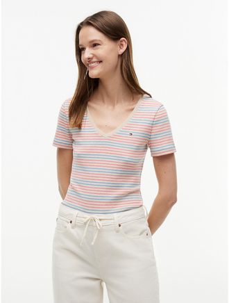Tommy Hilfiger Womens V-Neck Striped Favorite T-Shirt - Beige - XXL