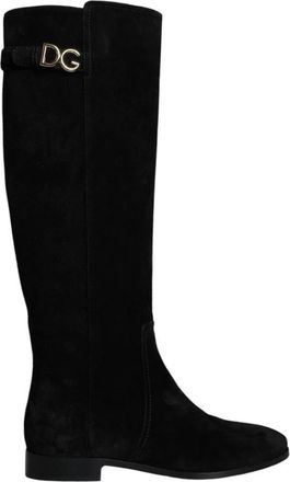 Dolce & Gabbana Zwarte Su&egrave;de Kniehoge Platte Laarzen - Dames - Hoge Laarzen - Zwart - 35 EU - Su&egrave;de - Schoenen