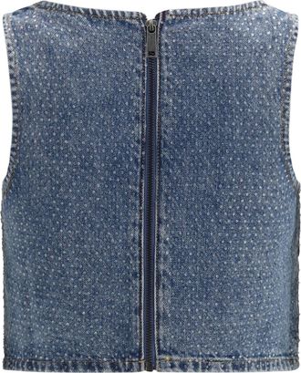 Self Portrait Womens Rhinestone Denim Crop Top Blue Cotton