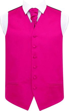 DQT Men Plain Satin Wedding Waistcoat, Cravat and Pocket Square Set - Hot Pink 40