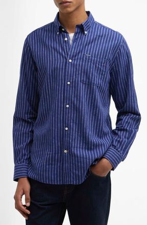 Barbour Nelson Tailored Fit Stripe Linen & Cotton Button-Down Shirt in Indigo at Nordstrom, Size Xx-Large
