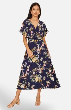 Yumi Floral Print Midi Dress in Navy at Nordstrom, Size 10