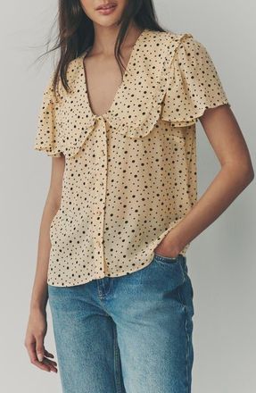 Next Ditsy Spot Peter Pan Collar Sheer Short Sleeve Blouse in Yellow at Nordstrom, Size 6 Us