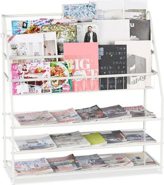 Relaxdays Relaxdays - Metal Magazine Rack, hwd: 96 x 97 x 37 cm, Magazine Organiser, Free Standing Magazine & Newspaper Stand, White