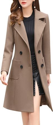 Generic Women Elegant Notched Collar Double Breasted Wool Blend Over Coat (Khaki,M)