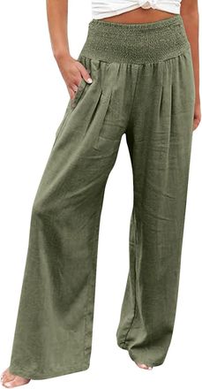 Generic Shffuw Ladies Linen Trousers Elasticated Waist, High Waist Wide Leg Palazzo Pants with Pockets, Summer Solid Color Loose Fit Casual Elegant Beach Hare