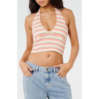 Rip Curl Topanga Canyon Rib Stripe Halter Crop Top in Peach at Nordstrom, Size Xx-Large