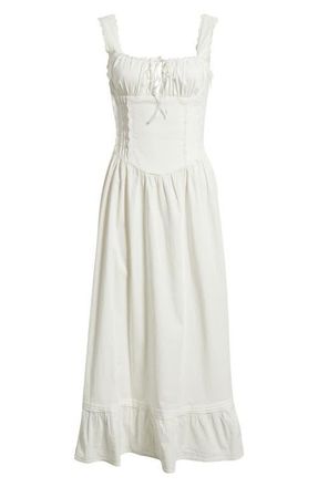 BDG Gabriette Tie Front Lace Trim Maxi Dress in White at Nordstrom, Size X-Small