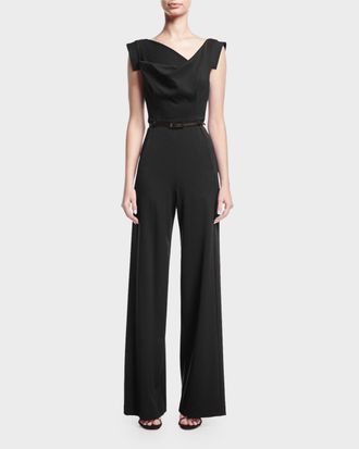 Black Halo Jackie Cap-Sleeve Belted Wide-Leg Jumpsuit