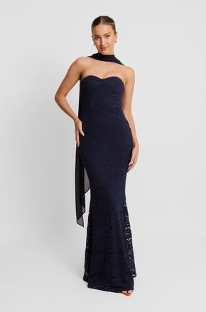 Six Stories Lace Corset Maxi Dress With Neck Scarf in Navy at Nordstrom, Size 14